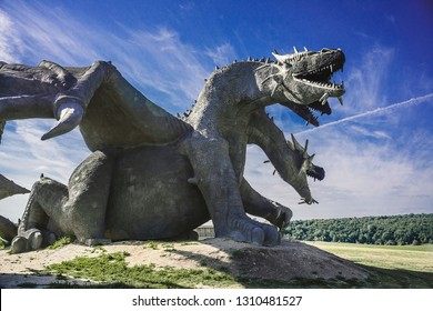 Lipetsk region, Russia - June 6, 2018: Family Ethnic Amusement Park Kudykina Gora (Kudykina mountain). Monument of Russian fairytale three-headed dragon Zmey Gorynych.