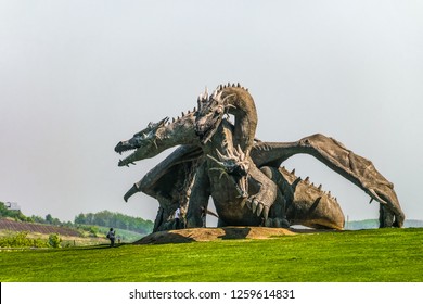 Lipetsk region, Russia - May 8, 2018: Family Ethnic Amusement Park Kudykina Gora (Kudykina mountain). Monument of Russian fairytale three-headed dragon Zmey Gorynych.