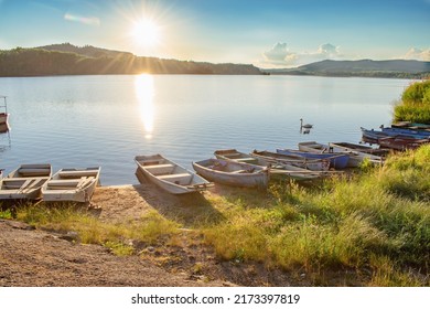 Lipno reservoir - largest water area in Czech republic. Lipno in village Horni Plana, beautiful sunset, clean water, boats. Amazing South Bohemia nature.  - Shutterstock ID 2173397819