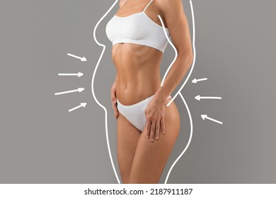 Liposuction Concept. Drawn Outlines With Arrows Around Slim Female Body In White Underwear, Unrecognizable Fit Woman With Perfect Figure Shape Posing Over Grey Studio Background, Collage - Shutterstock ID 2187911187