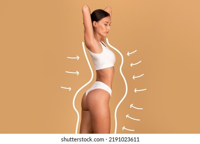Liposuction concept. Drawn outlines with arrows around fit lady in white underwear, slender woman with perfect figure posing over beige studio background, collage - Shutterstock ID 2191023611