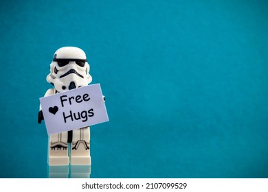 Lippstadt - Germany 20. July 2020 Lego scene stormtrooper with a shield in his hand - free hugs