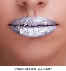 Lips With Artistic Professional Fashion Make Up. Studio Shooting. Clean Skin With Texture. High End Retouching