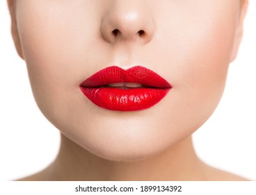 Lips Beauty Closeup, Woman Face Make Up And Red Lipstick Close Up. Isolated White