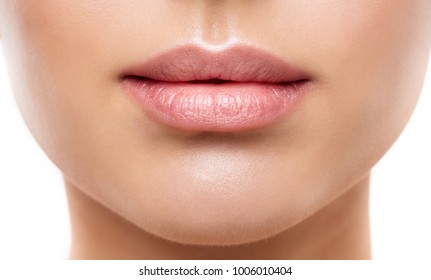 Lips Beauty Closeup, Woman Natural Face Make Up, Beautiful Full Lip And Pink Lipstick