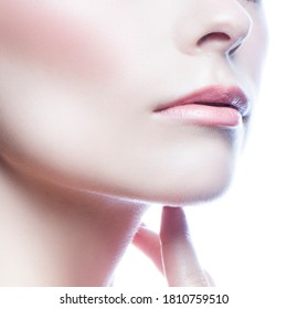 Lips, Beauty Face Of Model Woman With Healthy Sin, Partial Close-up Studio Shot