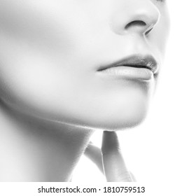 Lips, Beauty Face Of Model Woman With Healthy Sin, Partial Close-up Studio Shot. Monochrome