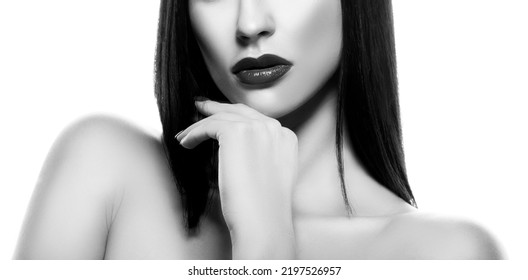 Lips. Beauty Woman Lips, Beauty Face Of Young Woman, Bright Lipstick Mouth, Perfct Clean Skin. Monochrome