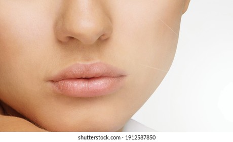 Lips. Problem with mouth disease before and after treatment. Healthy woman lips,