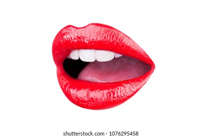 Lips, Tongue And Teeth Of A Young Girl With A Red Lipstick. Lips Mouth, Set Of Three Sexy Female Lips With Different Emotions Isolated On White Background.