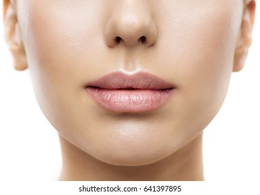 Lips, Woman Face Mouth Beauty, Beautiful Skin And Full Lip Closeup, Pink Lipstick