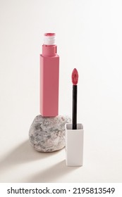 Lipstick And Applicator Brush With Open Tube. Makeup Cosmetic Product. Bright Background