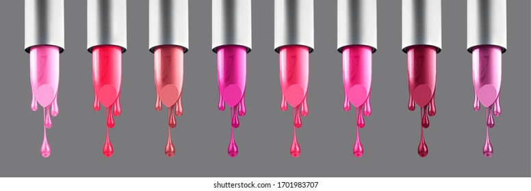 Lipstick colourful tints palette. Fashion Colorful liquid Lipsticks dripping, isolated on grey background, Professional Makeup, Beauty set. Beautiful Make-up concept. Lipgloss. Lipstick drops closeup