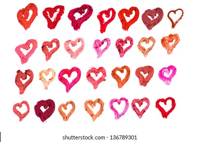 Lipstick heart strokes in many shades isolated on white background