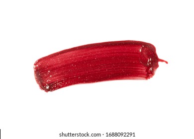 Lipstick Or Lipgloss Swatch Smudge Smear Isolated On White Background. Cream Makeup Texture. Red Color Cosmetic Product Brush Stroke Swipe Sample.