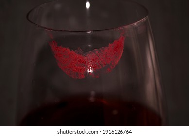 Lipstick On A Glass Of Wine. Lipstick Mark.