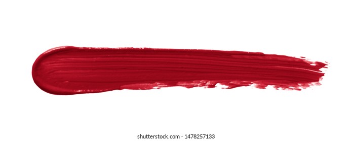 Lipstick Smear Smudge Swatch Isolated On White Background. Creamy Makeup Texture. Red Color Cosmetic Product Brush Stroke Swipe Sample