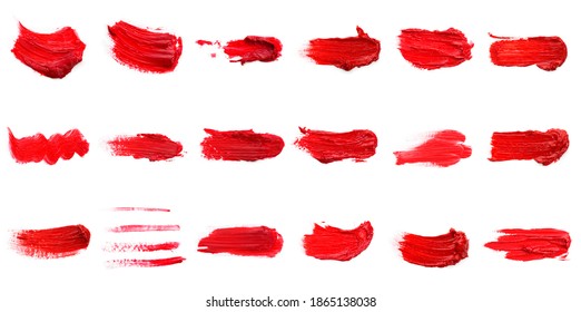 Lipstick Smear Smudge Swatch Isolated On White Background. Cream Makeup Texture. Bright Red Color Cosmetic Product Brush Stroke Swipe Sample