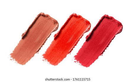 Lipstick Smear Smudge Swatch Set Isolated On White Background. Makeup Cream Brushstroke Texture. Red Nude Orange Lip Product Close Up