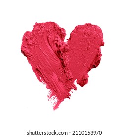 Lipstick Smudge Or Color Paint Heart Shape Texture On White Background. Beauty Makeup Product Swatch And Love Concept  