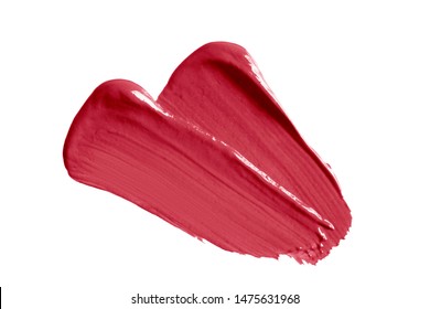 Lipstick Swatch Smudge Smear Isolated On White Background. Cream Makeup Texture. Bright Red Color Cosmetic Product Brush Stroke Swipe Sample