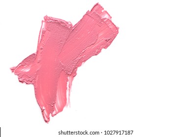 Lipstick Texture. Gently Pink Swatch Lipstick On White Background. Lipstick Pastel Tone