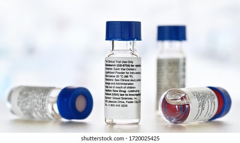 Liptovsky Hradok, Slovakia - April 20, 2020: Remdesivir Label On Small Medical Bottles (concept, Not Real Product). GS-5734 Is Antiviral Drug Developed Gilead Sciences, Possible Covid 19 Cure