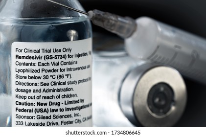 Liptovsky Hradok, Slovakia - May 18, 2020: Remdesivir Label On Vaccine Bottles (concept, Not Real Product). GS-5734 Is Antiviral Drug Developed Gilead Sciences, Possible Covid 19 Cure