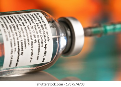 Liptovsky Hradok, Slovakia - May 20, 2020: Remdesivir Label On Vaccine Bottle (concept, Not Real Product). GS-5734 Is Antiviral Drug Developed Gilead Sciences, Possible Covid 19 Cure