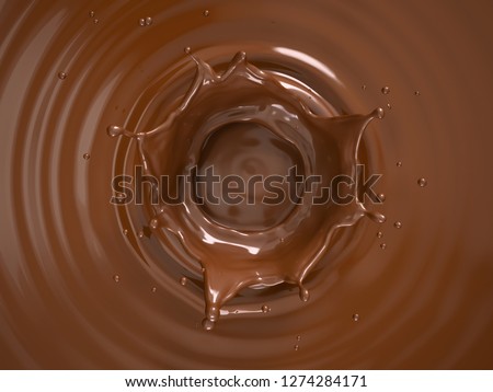 Liquid chocolate crown splash. In a liquid chocolate pool. With circular ripples. Viewed from the top.