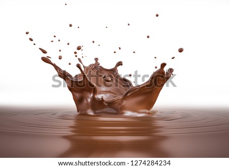 Liquid chocolate crown splash. In a liquid chocolate pool. With circle ripples. Side view, isolated on white background.