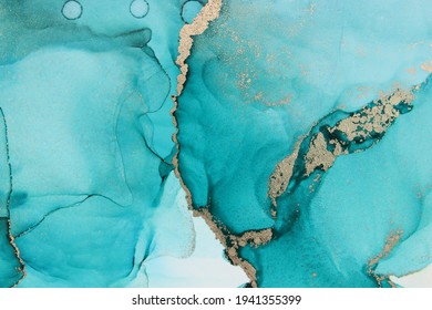 Liquid flowing aqua water colored ink with puddles of golden metallic accents. Unique alcohol ink in translucent teal turquoise black and gold.  - Shutterstock ID 1941355399