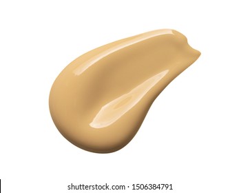 Liquid Foundation Smear Smudge Swatch Isolated On White Background. Beige Concealer, Color Corrector Stroke. Skin Tone Light Brown Creamy Cosmetic Product Swipe. Face Makeup, BB, CC Cream Texture