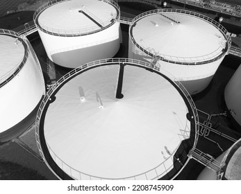 Liquid Or Gas Storage Silos. Heavy Industry Industrial Tank Container Top Down Aerial Drone View. Chemical Liquid Metal Business Storage Container Structure, Close View. Port Of Amsterdam.