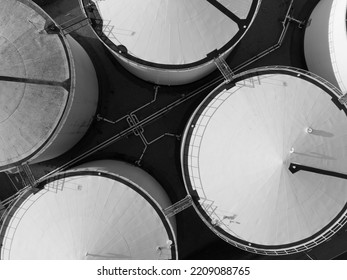 Liquid Or Gas Storage Silos. Heavy Industry Industrial Tank Container Top Down Aerial Drone View. Chemical Liquid Metal Business Storage Container Structure, Close View. Port Of Amsterdam.