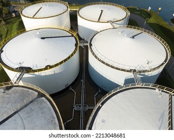 Liquid Or Gas Storage Silos. Heavy Industry Industrial Tank Container Top Down Aerial Drone View. Chemical Liquid Metal Business Storage Container Structure, Close View. Port Of Amsterdam.