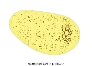 Liquid Gel, Oil Serum Texture Isolated On White Background. Yellow Colored Cosmetic Skincare Product With Bubbles Drop Swatch