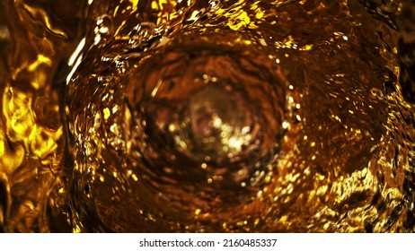 Liquid Golden Splash Texture, Abstract Beverages Background. Whisky, Rum, Cognac, Tea Or Oil.