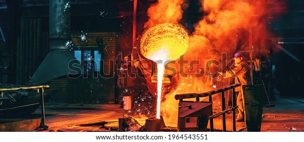 Liquid\
iron molten metal pouring in container, industrial metallurgical\
factory, foundry cast, heavy industry\
background