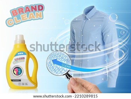 Liquid laundry detergent advertisement design. Woman looking through magnifying glass at shirt, closeup