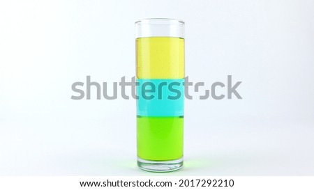 Liquid or layer density experiment using 3 separate layers consisting of syrup, water and olive oil on the top layer. The science concept of density