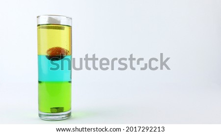 Liquid or layer density experiment using 3 separate layers consisting of syrup, water and olive oil on the top layer.  There are objects used for testing such as metal, strawberry and styrofoam.