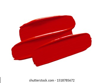 Liquid Lipstick Smear Smudge Swatch Isolated On White Background. Red Lip Product Brushstrokes. Smudged Makeup Cosmetics Or Paint Texture