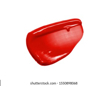 Liquid lipstick smear smudge swatch isolated on white background. Red lip gloss texture. Shiny makeup product brushstroke sample