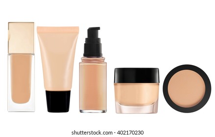 Liquid Makeup Foundation In Bottle And Face Powder Isolated On White Background