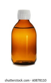 Liquid Medicine In Glass Bottle On White Background
