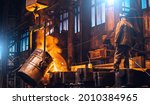 Liquid metal pouring into molds. Metal melting in furnaces in foundry metallurgical plant, heavy industry