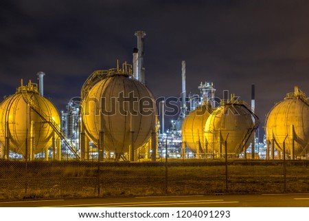 Liquid Natural Gas globe containers in Europoort industrial area location Botlek in Port of Rotterdam