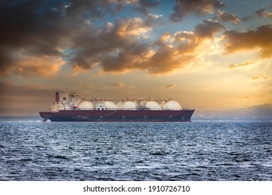 A Liquid Natural Gas Tanker (LNG) In Japan’s Tokyo Bay At Sunrise.