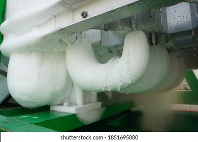 Liquid Nitrogen Pipe And Leakage Or Blowing From Nitrogen Tank Car At Oil & Gas Plant.